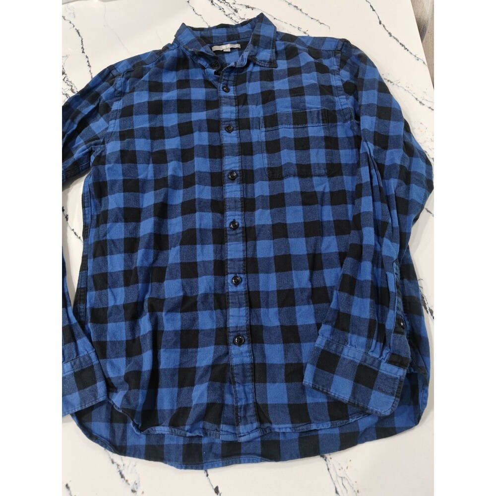 UNIQLO Flannel Shirt Men Medium Blue Black Plaid Checkered Button-Up Long Sleeve